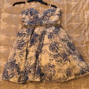 White And Columbia Blue Floral Short Formal Dress